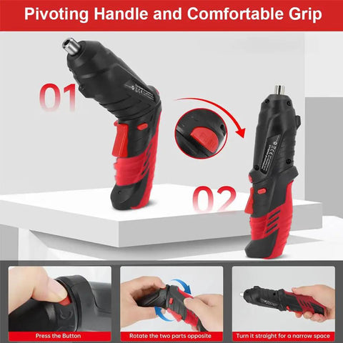 Cordless Power Screwdriver With 3.6V 1500mAh Battery, 3.5N.m Torque, 46-Piece Bit Set, Pivoting Handle, LED Light, showing grip