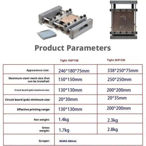 Manual Solder Paste Screen Printer For PCBs With 80mm Scraper showing product dimensions and specifications chart