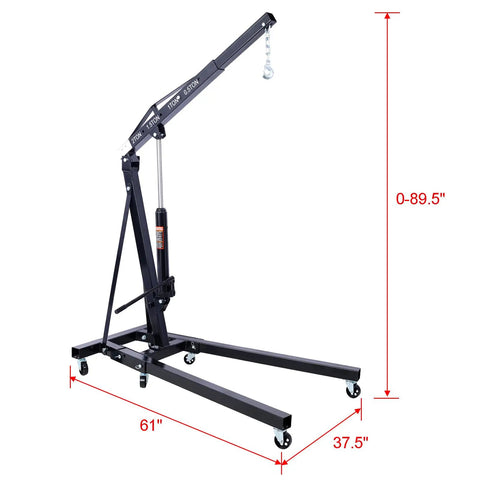 Built Tough As Nails Two Ton Folding Engine Hoist And Cherry Picker Shop Crane with adjustable height, steel construction, and iron wheels.