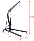 Two Ton Folding Engine Hoist Cherry Picker Shop Crane Made From Badass Heavy Duty Steel With Six Smooth Caster Wheels For No Sweat Engine Pull Downs And Grease Monkey Approved Garage Use Black, measuring 61" wide and 0-89.5" tall.