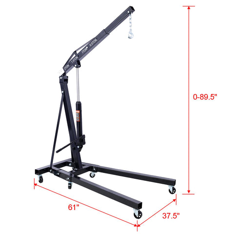 Two Ton Folding Engine Hoist Cherry Picker Shop Crane Made From Badass Heavy Duty Steel With Six Smooth Caster Wheels For No Sweat Engine Pull Downs And Grease Monkey Approved Garage Use Black, measuring 61" wide and 0-89.5" tall.