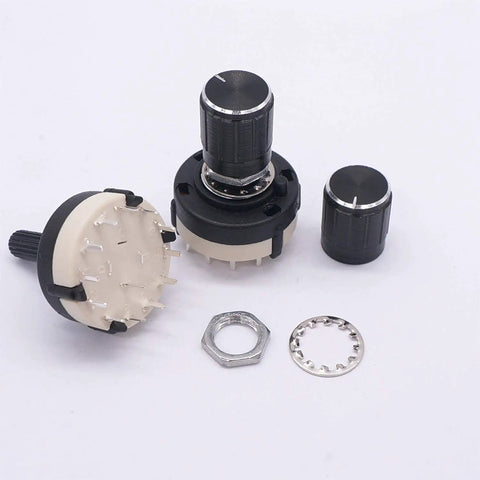 Rotary Switch RS26 1P12T 12 Position Band Selector Switch with knobs and nuts, side view, for radio and DIY electronics