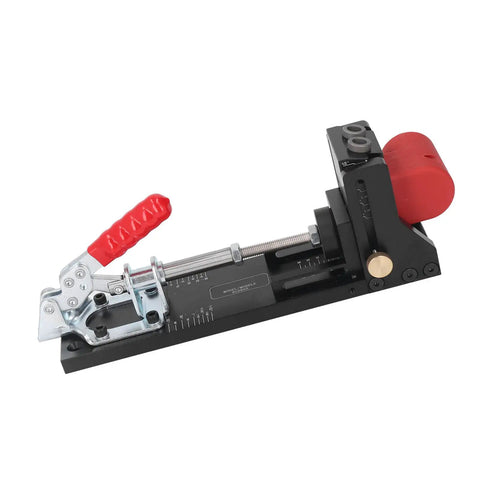 Top Shelf Heavy Duty Aluminum Pocket Hole Jig Kit With Rock Solid Frame for precision woodworking drilling on a flat surface.