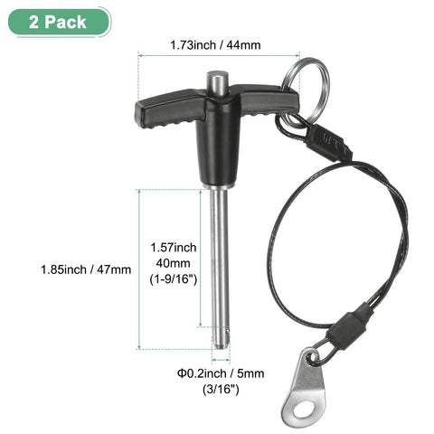 Beefed-Up Heavy Duty T-Handle Quick Release Lock Pins 3/16 Inch Diameter by 1 9/16 Inch Length with Lanyard Cable 304 Stainless Steel
