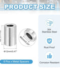 Stainless Steel M6 Spacer Set with 6mm ID by 12mm OD by 20mm Length Round Standoff Bushings, set of 6, 304 grade, corrosion resistant