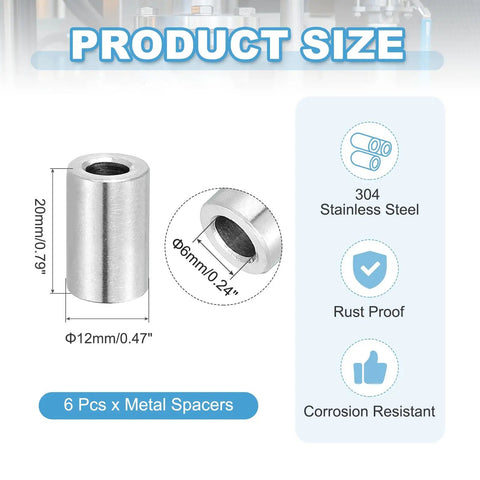 Stainless Steel M6 Spacer Set with 6mm ID by 12mm OD by 20mm Length Round Standoff Bushings, set of 6, 304 grade, corrosion resistant