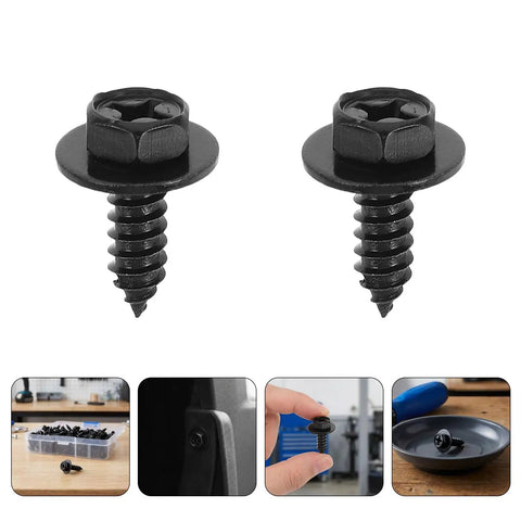 100 Piece Car Body Screw Kit With Integrated Flange Head For Wheel Well Liner And Bumper Cover, Vibration Resistant Auto Body Fasteners, Stable Thread Forming For Easy Disassembly And Reassembly For Your Daily Driver. Black flange-head auto body screws