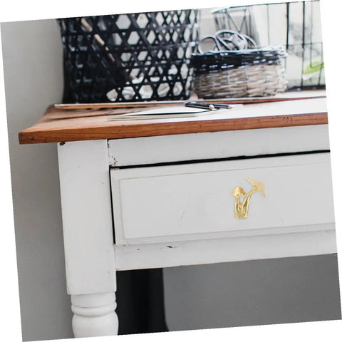 Brass Mushroom Cabinet Knobs And Drawer Pulls 2 Pack Polished Brass Handles on rustic white drawer.