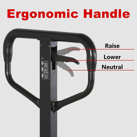 Ergonomic handle of Beefy Heavy Duty Manual Pallet Jack With 7700 Lb Capacity And 48 Inch Long By 27 Inch Wide Forks