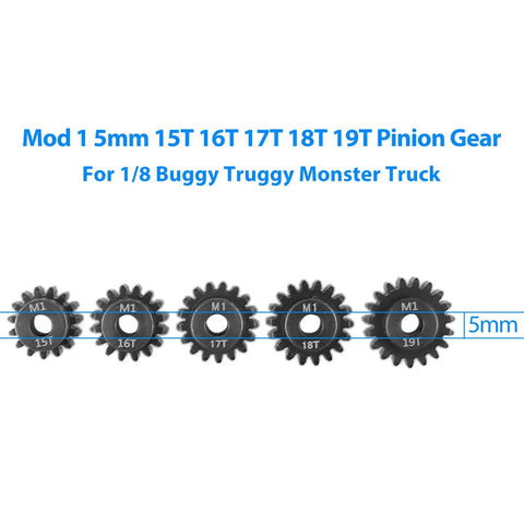Mod 1 Hardened Steel RC Motor Pinion Gear Set 5-Pack for 1/8 Scale RC Cars, 5mm Shaft, Includes 15T 16T 17T 18T 19T