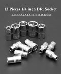 13 pieces 1/4 inch DR socket set from 46 Piece One Quarter Inch Drive Socket And Bit Set With Reversible Ratchet Wrench