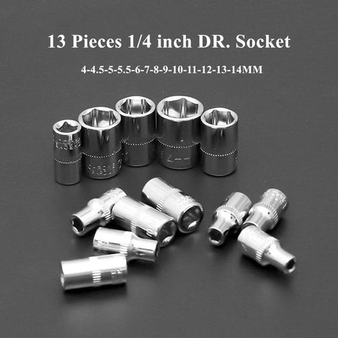 13 pieces 1/4 inch DR socket set from 46 Piece One Quarter Inch Drive Socket And Bit Set With Reversible Ratchet Wrench