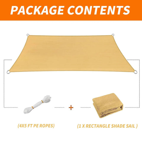 Package showing 16 By 20 Foot Rectangular Sun Sail Shade Canopy UV Block Outdoor Shade For Patio And Garden Backyard Pergola Cover Sand Color with ropes