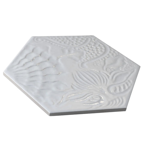 White Hex Porcelain Tile For Floor And Wall, 8.63 In Width By 9.88 In Length, Smooth Glazed Finish, embossed pattern view