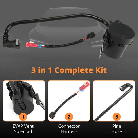 3 in 1 Complete Kit showing EVAP Vapor Canister Vent Purge Valve Solenoid Replacement For GM SUVs And Trucks with harness and hose