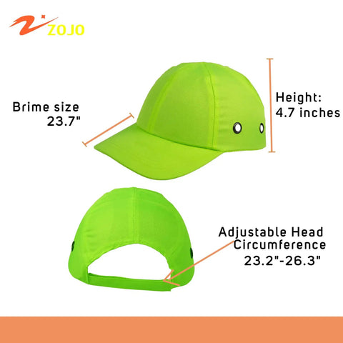 Baseball Bump Cap Hard Hat Safety Helmet 5 Pack Reflective Neon Yellow Twill Breathable Lightweight Adjustable Hook and Loop Fit One Size Fits Most Men and Women, showing front and back views with size dimensions.