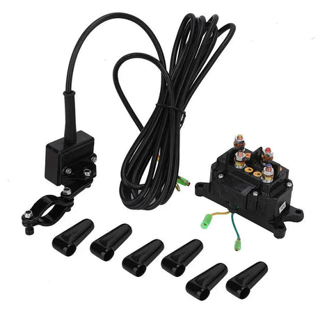 Heavy Duty 12V 250A Winch Solenoid Relay Contactor With Rocker Thumb Switch Handlebar Control Kit components laid out