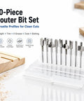 Top Tier 10 Piece Carbide Router Bit Set With One Eighth Inch Shank For Rotary Tools, featuring various cutting profiles in a clear case.