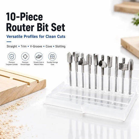Top Tier 10 Piece Carbide Router Bit Set With One Eighth Inch Shank For Rotary Tools, featuring various cutting profiles in a clear case.