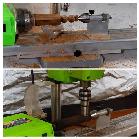 Top view of Dope Compact Benchtop Wood Lathe With Variable Speed For DIY Makers turning beads, side view of spindle setup shown.