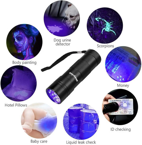 Four Pack UV Blacklight Flashlights With Twelve LED 395nm Ultraviolet Detectors showing uses like pet urine and stain detection