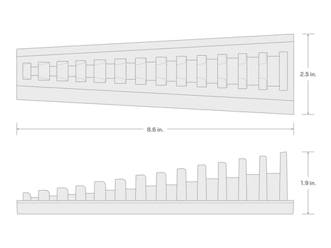 Diagram showing dimensions of a 13-Tool 3/8 Inch Drive Crowfoot Wrench Organizer Rack, highlighting 13 custom-fit slots.