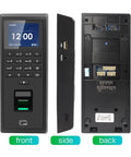 Top Shelf Fingerprint Time Clock With Keypad For Smart Door Access Control With Optical Reader Handling Wet Or Dry Fingers Quickly TCP IP Ready Perfect Solution For Offices Or Residential Use Where Solid Security Gets The Job Done front side back view