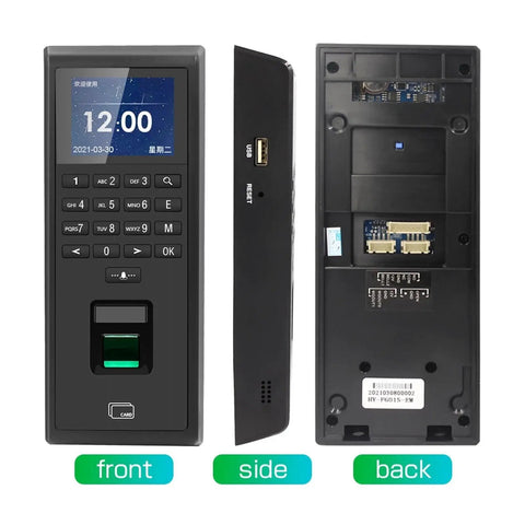 Top Shelf Fingerprint Time Clock With Keypad For Smart Door Access Control With Optical Reader Handling Wet Or Dry Fingers Quickly TCP IP Ready Perfect Solution For Offices Or Residential Use Where Solid Security Gets The Job Done front side back view