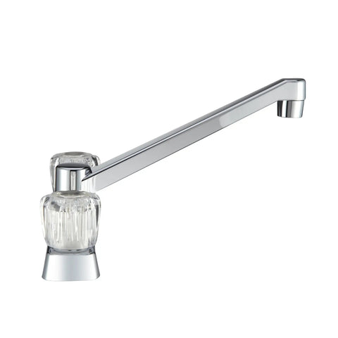 RV Kitchen Sink Faucet With Crystal Acrylic Knobs High Grade Plastic Construction Drip Free Washerless Cartridges Long Reach Spout.