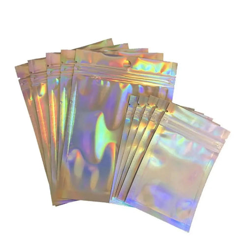 Pack Of 100 Holographic Aluminum Foil Zip Lock Self Sealing Food Storage Bags Reclosable Candy Pouches With Transparent Front And Rainbow Back