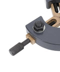 Close-up of Baxnore grey metal lathe steady rest with wooden three-point support for mini wood turning