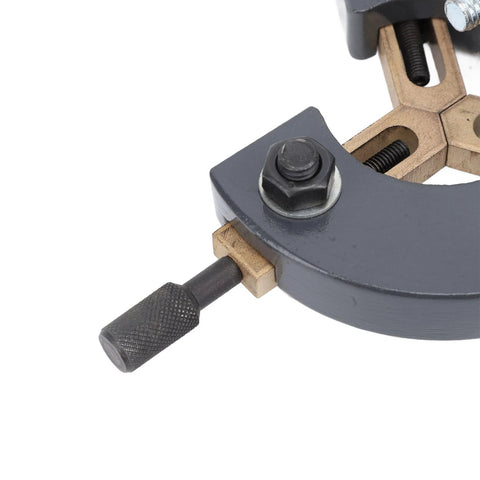 Close-up of Baxnore grey metal lathe steady rest with wooden three-point support for mini wood turning