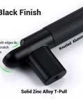 Solid Zinc Alloy T-Pull with black finish and knurled aluminum, part of Cabinet Pulls Set With Three And Three Quarters Inch Center To Center.