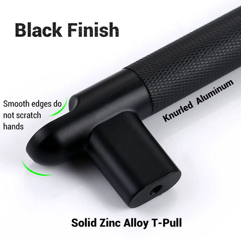 Solid Zinc Alloy T-Pull with black finish and knurled aluminum, part of Cabinet Pulls Set With Three And Three Quarters Inch Center To Center.