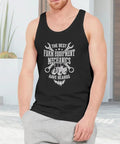 Mens Soft Cotton Muscle Tank Featuring Bearded Farm Mechanic Graphic, lightweight sleeveless undershirt worn by man outdoors.