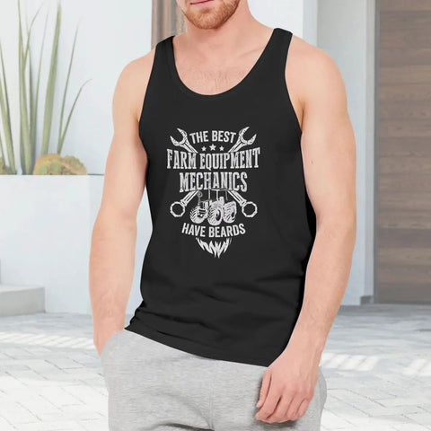 Mens Soft Cotton Muscle Tank Featuring Bearded Farm Mechanic Graphic, lightweight sleeveless undershirt worn by man outdoors.