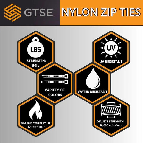 5 icons showing features of 14 Inch White And Clear Zip Ties Pack 100 Count 50Lb Strength UV Resistant Nylon Cable Ties