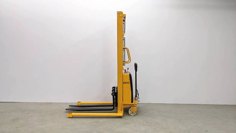 Heavy Duty Wide Leg Semi Electric Pallet Stacker Built Like A Tank With A Rock Solid 2204 Lbs Capacity And A Sweet 138 Inch Lift Height For Confined Warehouses side view showing its robust design and lifting mechanism.