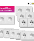 Heavy Duty Double Wall Outlet Kit With Kid Safe Shutters 5 Piece White Bulk Pack Rock Solid Plastic Frame No Sweat Install Standard 110 To 250V Electrical Socket featuring multiple white EU sockets.