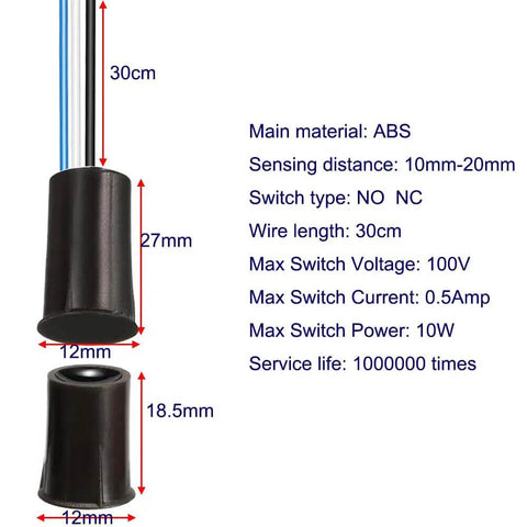 Specifications of 4 Sets Black Magnetic Reed Door Sensor Kit With NC And NO Contacts, including dimensions and wire length.