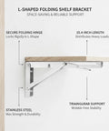 Side view of Heavy Duty Stainless Steel L Shaped Folding Shelf Bracket Wall Mount For Drop Leaf Tables And Workbenches Built Tough