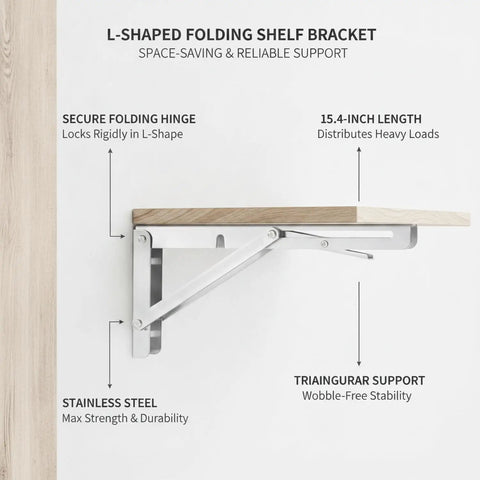 Side view of Heavy Duty Stainless Steel L Shaped Folding Shelf Bracket Wall Mount For Drop Leaf Tables And Workbenches Built Tough