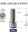 Heavy Duty 3/8 16 X 1 1/4 Inch Socket Head Cap Screws Bolts 10 Pack 304 Stainless Steel with dimensions and details.