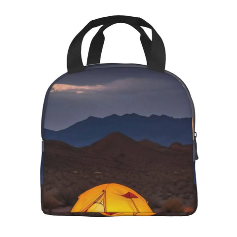 Desert Camping Print Go To Insulated Lunch Tote For Work Picnic Or Travel Reusable Oxford Cloth Lunch Box With Aluminum Foil Liner