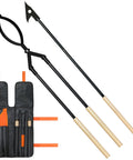 42 Inch Fire Tongs And Fire Poker Set Beefy Heavy Duty Detachable Log Grabbers For Fire Pit with storage bag and wooden handles
