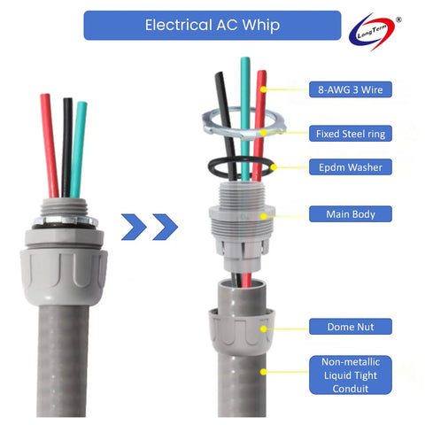 Pro Level Electric AC Whip Assembly With 3/4 Inch By 6 Foot Liquid Tight Flexible Conduit And 8 Gauge THHN Wire components highlighted