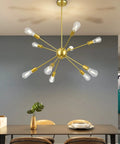 Gold Sputnik Pendant Light 10-Light Chandelier over dining table, modern industrial ceiling fixture with adjustable height rods