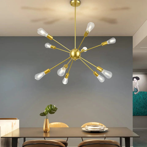 Gold Sputnik Pendant Light 10-Light Chandelier over dining table, modern industrial ceiling fixture with adjustable height rods