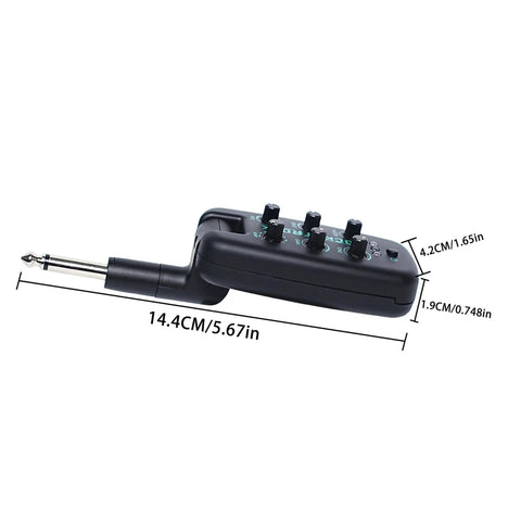 Guitar Headphone Amp With 9 Simulation Tones USB Rechargeable Pocket Effects Unit, black, dimensions shown, side view