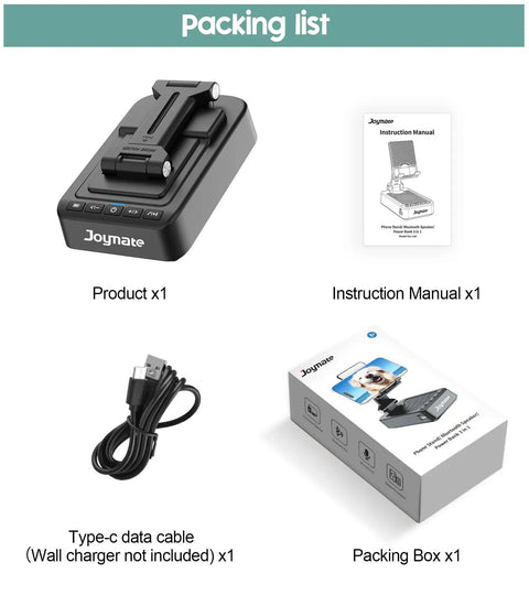 Packing list for All In One Phone Stand With Bluetooth Speaker And Charging Dock 360 Degree Rotating HD Stereo Sound Built In Microphone
